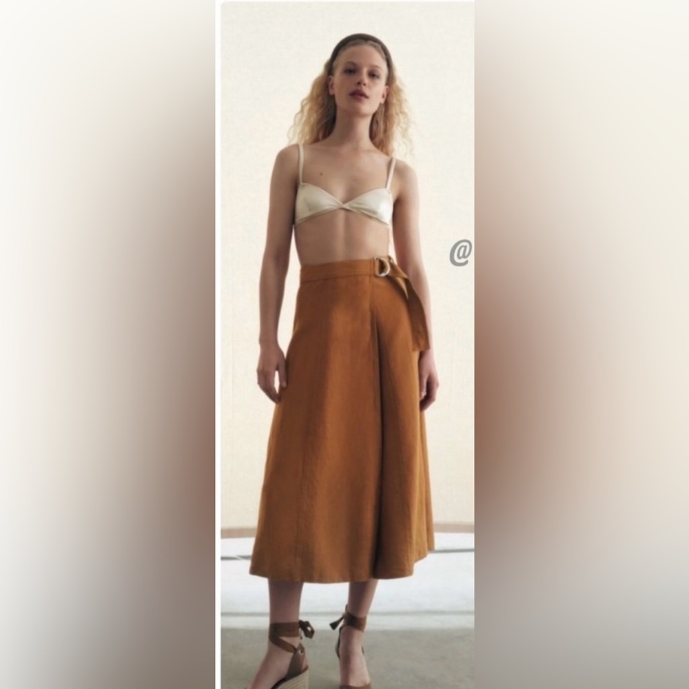 Zara Camel Brown A-Line Skirt Linen Wrap Skirt
